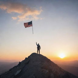 A commanding figure standing on top of a mountain, holding a flag in the wind. A sunrise illuminating the scene symbolizing a new day and new challenges that will be faced.