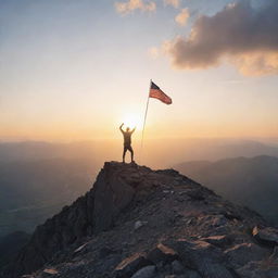 A commanding figure standing on top of a mountain, holding a flag in the wind. A sunrise illuminating the scene symbolizing a new day and new challenges that will be faced.