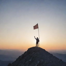 A commanding figure standing on top of a mountain, holding a flag in the wind. A sunrise illuminating the scene symbolizing a new day and new challenges that will be faced.