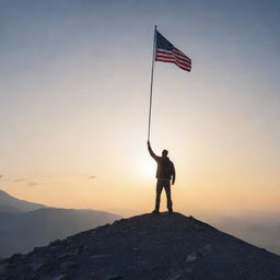 A commanding figure standing on top of a mountain, holding a flag in the wind. A sunrise illuminating the scene symbolizing a new day and new challenges that will be faced.