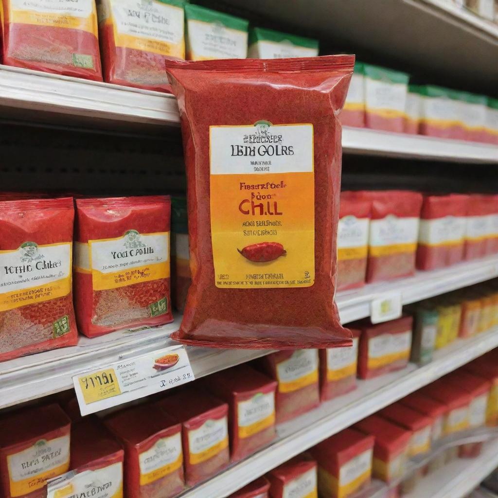 A vibrant packet of red chili powder perched on a supermarket shelf among other condiments.