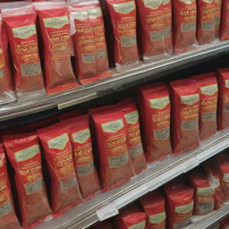 A vibrant packet of red chili powder perched on a supermarket shelf among other condiments.