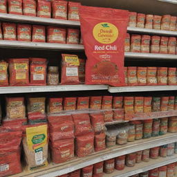 A vibrant packet of red chili powder perched on a supermarket shelf among other condiments.