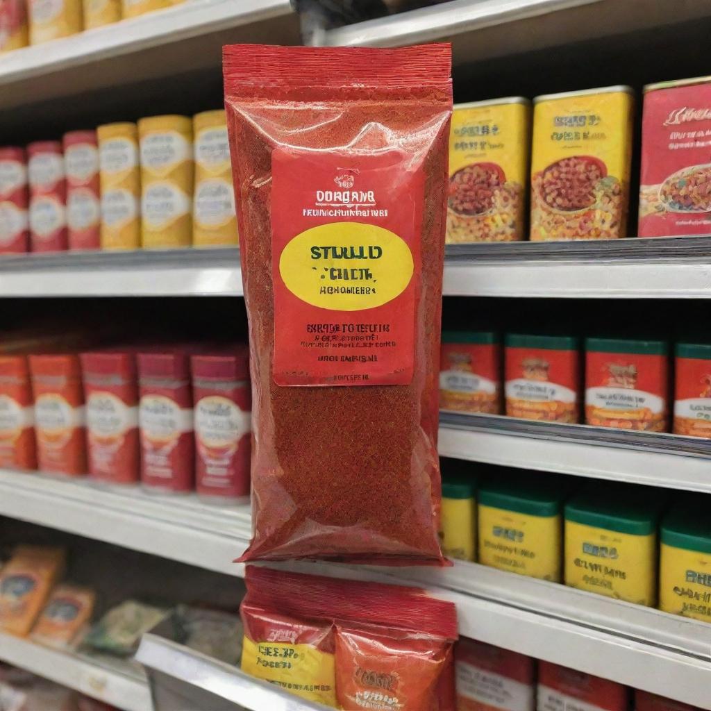 A vibrant packet of red chili powder perched on a supermarket shelf among other condiments.