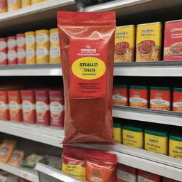 A vibrant packet of red chili powder perched on a supermarket shelf among other condiments.