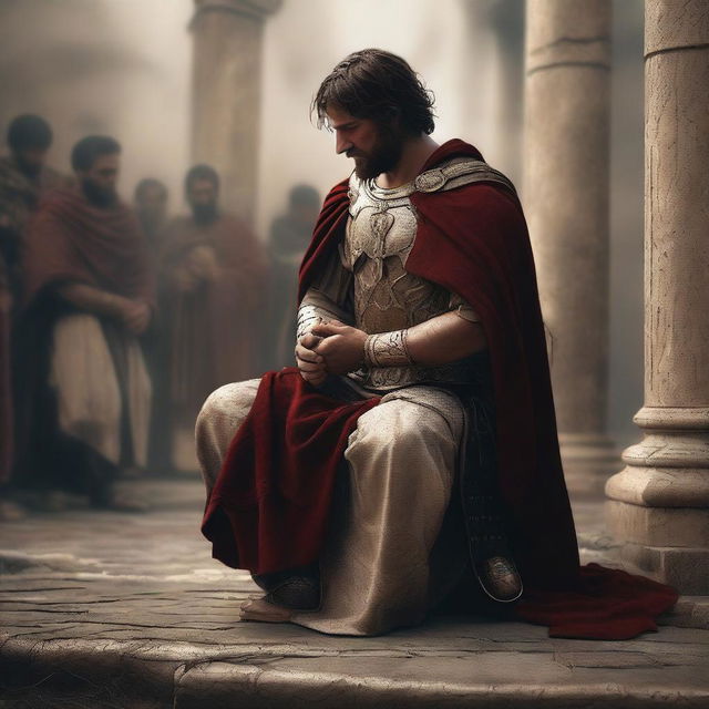 A high-quality digital art depicting a Roman soldier on his knees, pleading to Christ