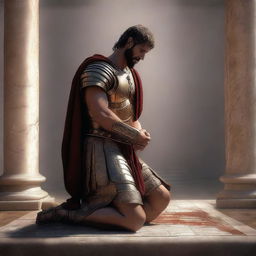 A high-quality digital art depicting a Roman soldier on his knees, pleading to Christ