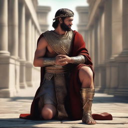 A high-quality digital art depicting a Roman soldier on his knees, pleading to Christ