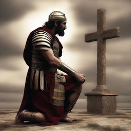 A high-quality digital art depicting a Roman soldier on his knees, pleading to Christ