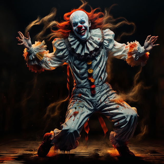 A jubilant Pennywise from 'It' laughing heartily and dancing wildly in his traditional clown attire. His eyes sparkle with mirth and his mouth is wide open in laughter, revealing his sharp teeth. The background is a blur of colors, emphasizing his movements and the energy he exudes.