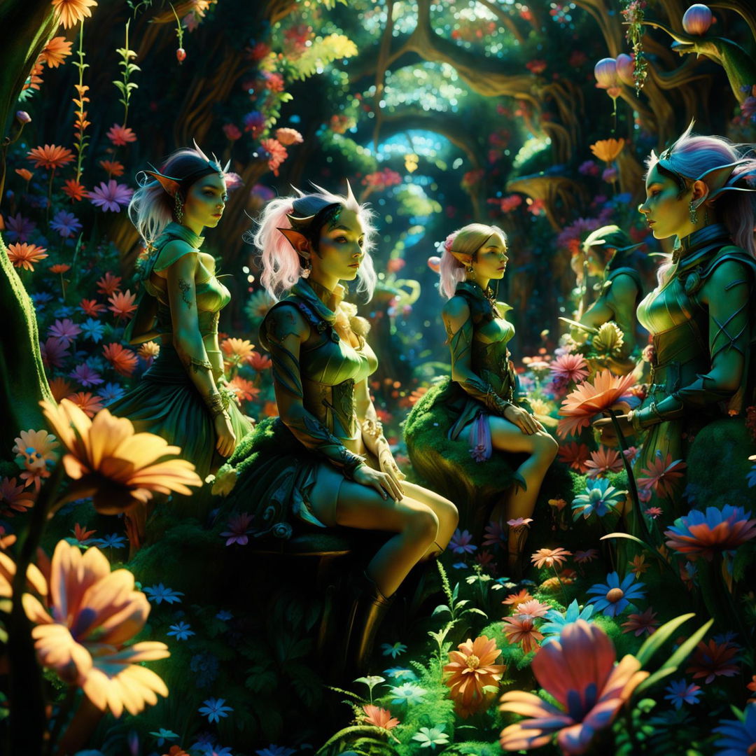 Hyper-realistic 3D image of a large tribe of short-haired, untamed elves in Rococo-cyberpunk attire in an intensely vibrant mystical forest with sunlight filtering through trees and a vivid flower aesthetic.