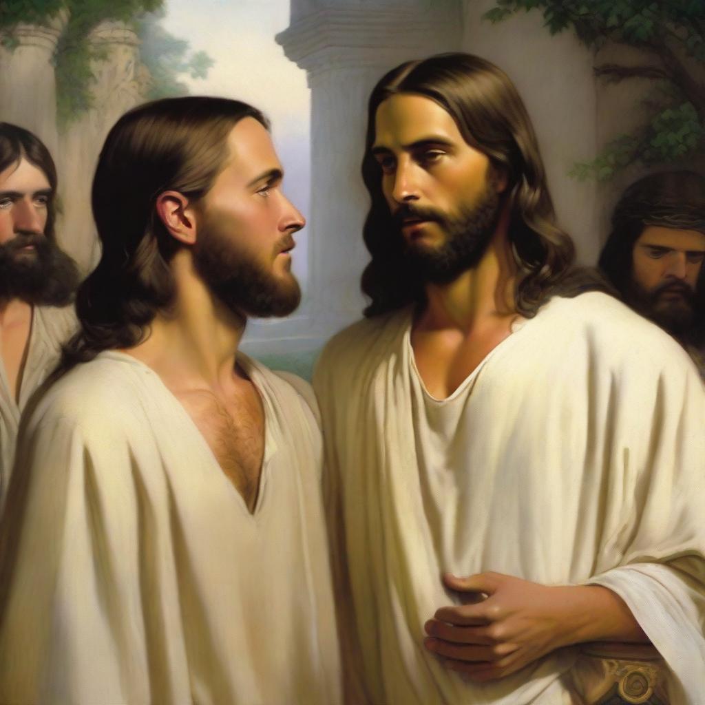 A high-quality digital art rendering of the famous painting 'Jesus Christ and the Young Rich' by Carl Bloch