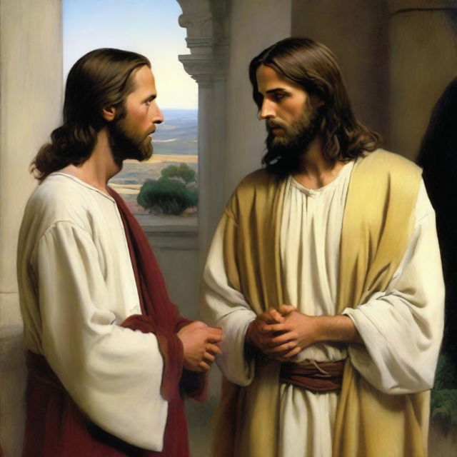 A high-quality digital art rendering of the famous painting 'Jesus Christ and the Young Rich' by Carl Bloch