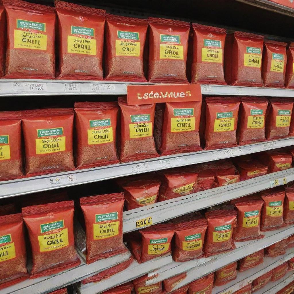 A vibrant packet of chili powder prominently placed on a shelf in a bustling supermarket