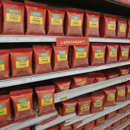 A vibrant packet of chili powder prominently placed on a shelf in a bustling supermarket