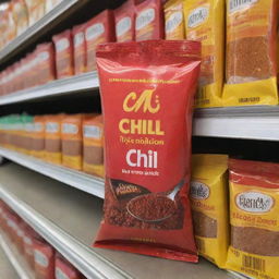 A vibrant packet of chili powder prominently placed on a shelf in a bustling supermarket