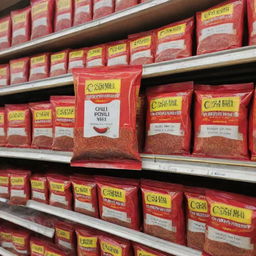 A vibrant packet of chili powder prominently placed on a shelf in a bustling supermarket