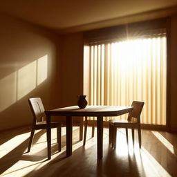 A minimalist room in exquisite 8K detail showcasing a wooden table, two chairs, and a large window with bright rays of sunlight pouring in.