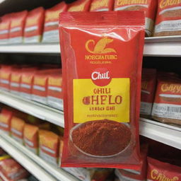 A vibrant packet of chili powder prominently placed on a shelf in a bustling supermarket