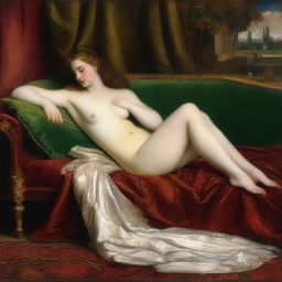 A high-quality digital art interpretation of 'Venus Reclining on a Couch' by Titian