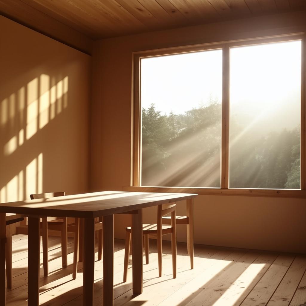 A minimalist room in exquisite 8K detail showcasing a wooden table, two chairs, and a large window with bright rays of sunlight pouring in.