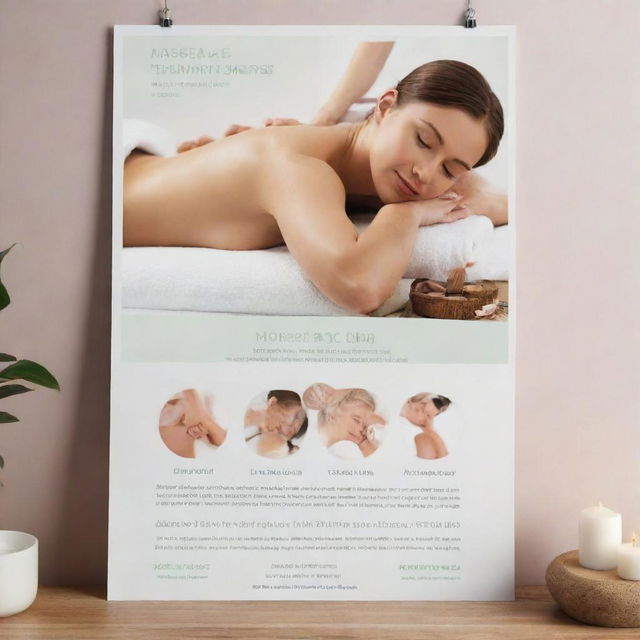 A classy and inviting poster for a massage therapy spa, featuring soothing background, images of massages in progress, and health benefits of massage, along with contact details