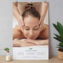 A classy and inviting poster for a massage therapy spa, featuring soothing background, images of massages in progress, and health benefits of massage, along with contact details