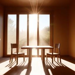 A minimalist room in exquisite 8K detail showcasing a wooden table, two chairs, and a large window with bright rays of sunlight pouring in.