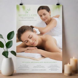 A classy and inviting poster for a massage therapy spa, featuring soothing background, images of massages in progress, and health benefits of massage, along with contact details