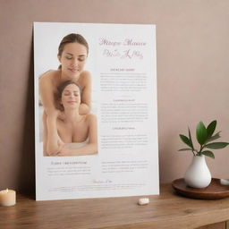 A classy and inviting poster for a massage therapy spa, featuring soothing background, images of massages in progress, and health benefits of massage, along with contact details