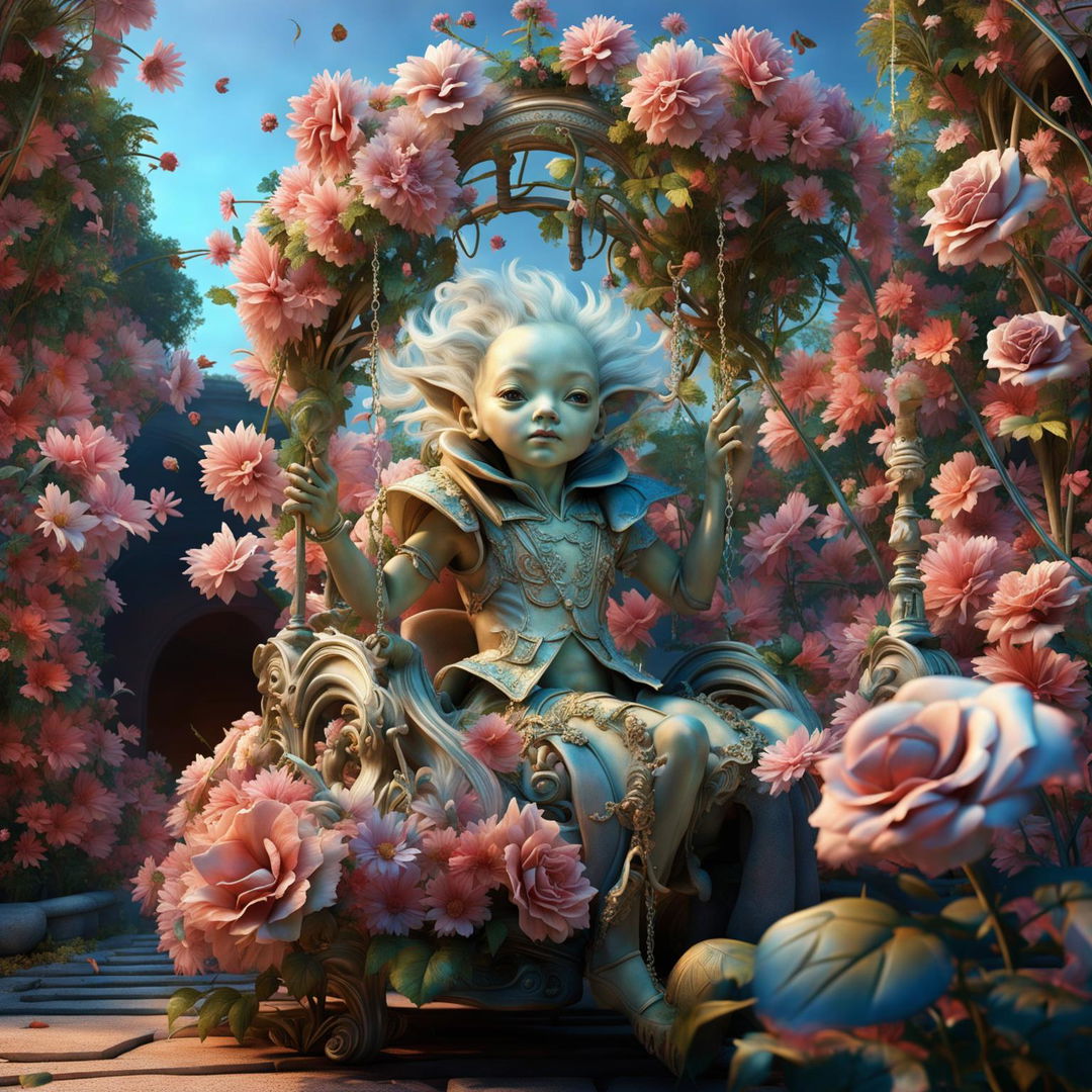 A hyper-realistic 3D Rococo-styled alien child swings in a vibrant Victorian rose garden under warm sunlight.