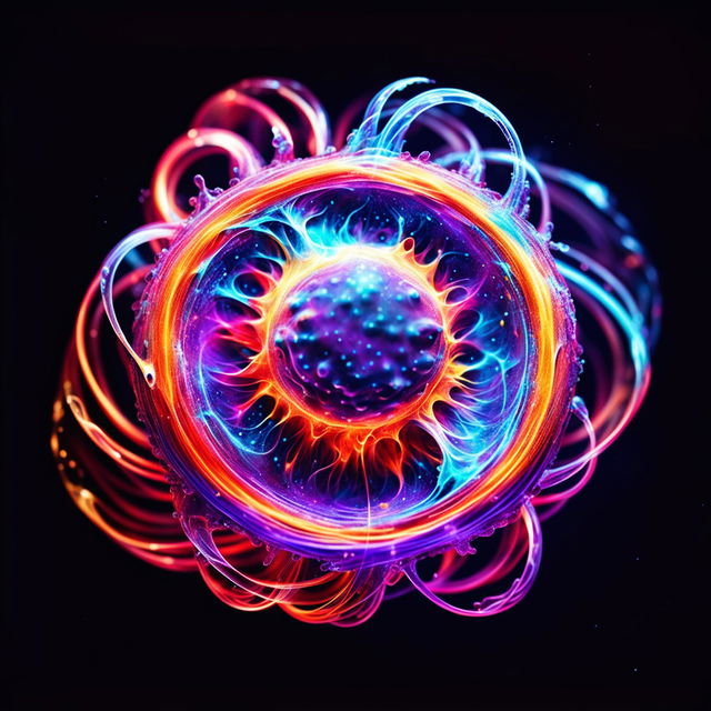 Ultra close-up photograph of an atom's nucleus, depicted as a vibrant, pulsating sphere of energy in radiant colors against a dark void.