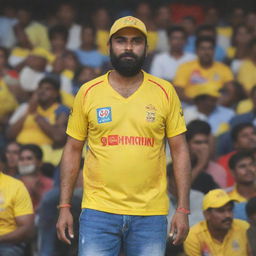 Spectator in a stadium watching a cricket match between CSK and RCB, wearing a CSK jersey with the name 'omm' imprinted