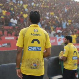 Spectator in a stadium watching a cricket match between CSK and RCB, wearing a CSK jersey with the name 'omm' imprinted