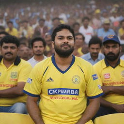 Spectator in a stadium watching a cricket match between CSK and RCB, wearing a CSK jersey with the name 'omm' imprinted