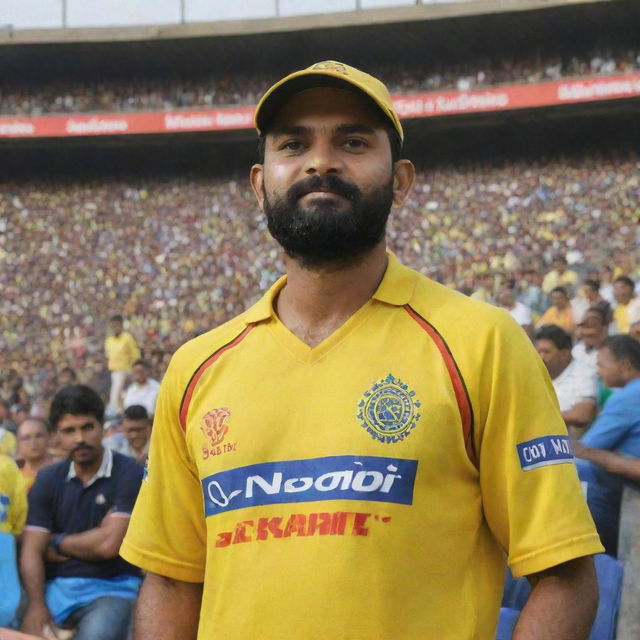 Spectator in a stadium watching a cricket match between CSK and RCB, wearing a CSK jersey with the name 'omm' imprinted