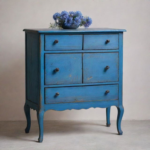 A piece of furniture styled after the features and colors of the Centaurea Cyanus, or Cornflower, showcasing its unique blue hues and floral form.