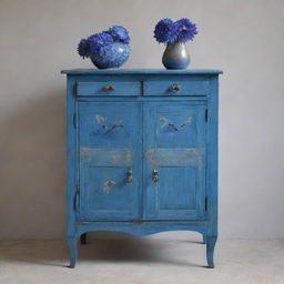 A piece of furniture styled after the features and colors of the Centaurea Cyanus, or Cornflower, showcasing its unique blue hues and floral form.