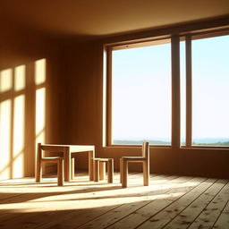 A minimalist room in exquisite 8K detail showcasing a wooden table, two chairs, and a large window with bright rays of sunlight pouring in.