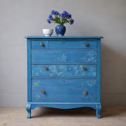 A piece of furniture styled after the features and colors of the Centaurea Cyanus, or Cornflower, showcasing its unique blue hues and floral form.