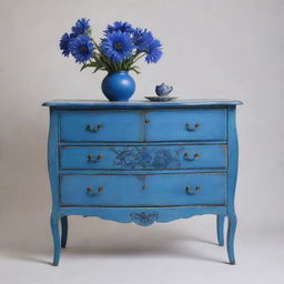 A piece of furniture styled after the features and colors of the Centaurea Cyanus, or Cornflower, showcasing its unique blue hues and floral form.