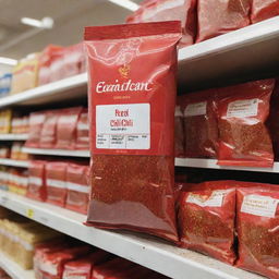 A packet of red chili powder perched on a shelf in a bustling supermarket, with vibrant red chili flakes playfully sprinkling onto it