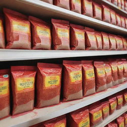 A packet of red chili powder perched on a shelf in a bustling supermarket, with vibrant red chili flakes playfully sprinkling onto it