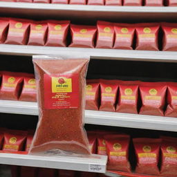 A packet of red chili powder perched on a shelf in a bustling supermarket, with vibrant red chili flakes playfully sprinkling onto it