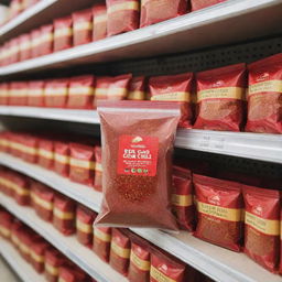 A packet of red chili powder perched on a shelf in a bustling supermarket, with vibrant red chili flakes playfully sprinkling onto it