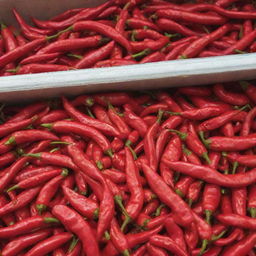 A packet of red chillies on a store shelf with chillies pouring down onto it.