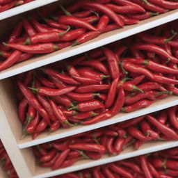 A packet of red chillies on a store shelf with chillies pouring down onto it.