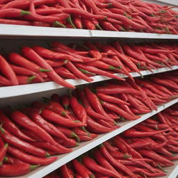 A packet of red chillies on a store shelf with chillies pouring down onto it.