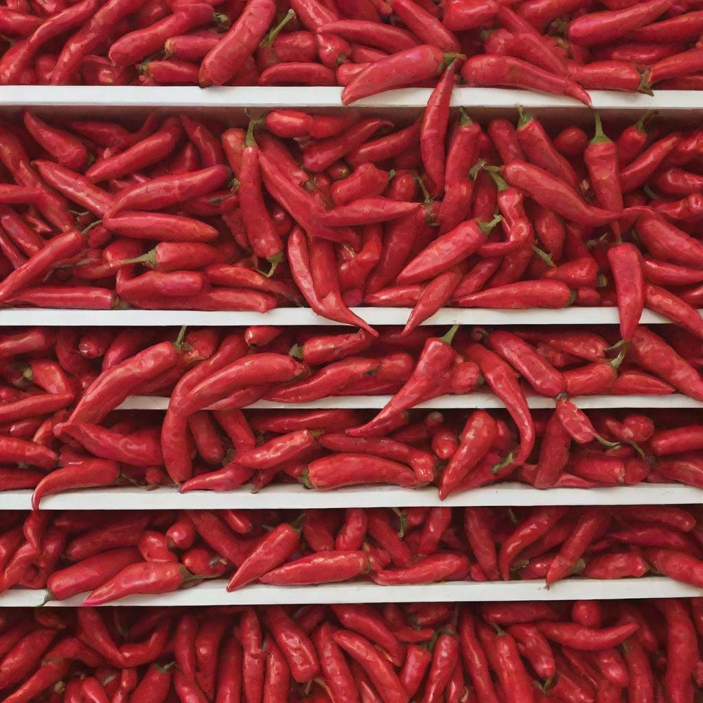 A packet of red chillies on a store shelf with chillies pouring down onto it.