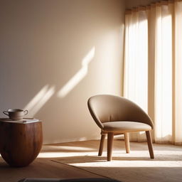 Amend the scene with brilliant, whitened natural light illuminating a cozy wooden coffee table and chair. The image is enhanced with high-contrast Instagram-style filters, giving a modern, stylistic appeal.